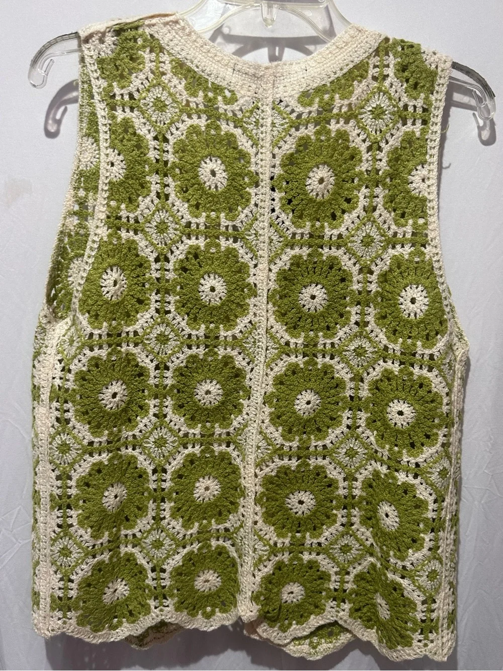 LIV LOS ANGELES Olive Green & Cream Crochet Vest - Size L
